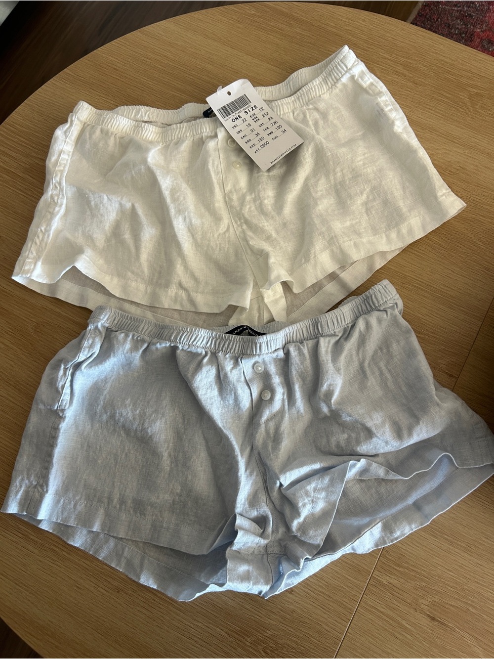 Brandy Melville White & Light Blue High-Waist Linen-Blend Shorts